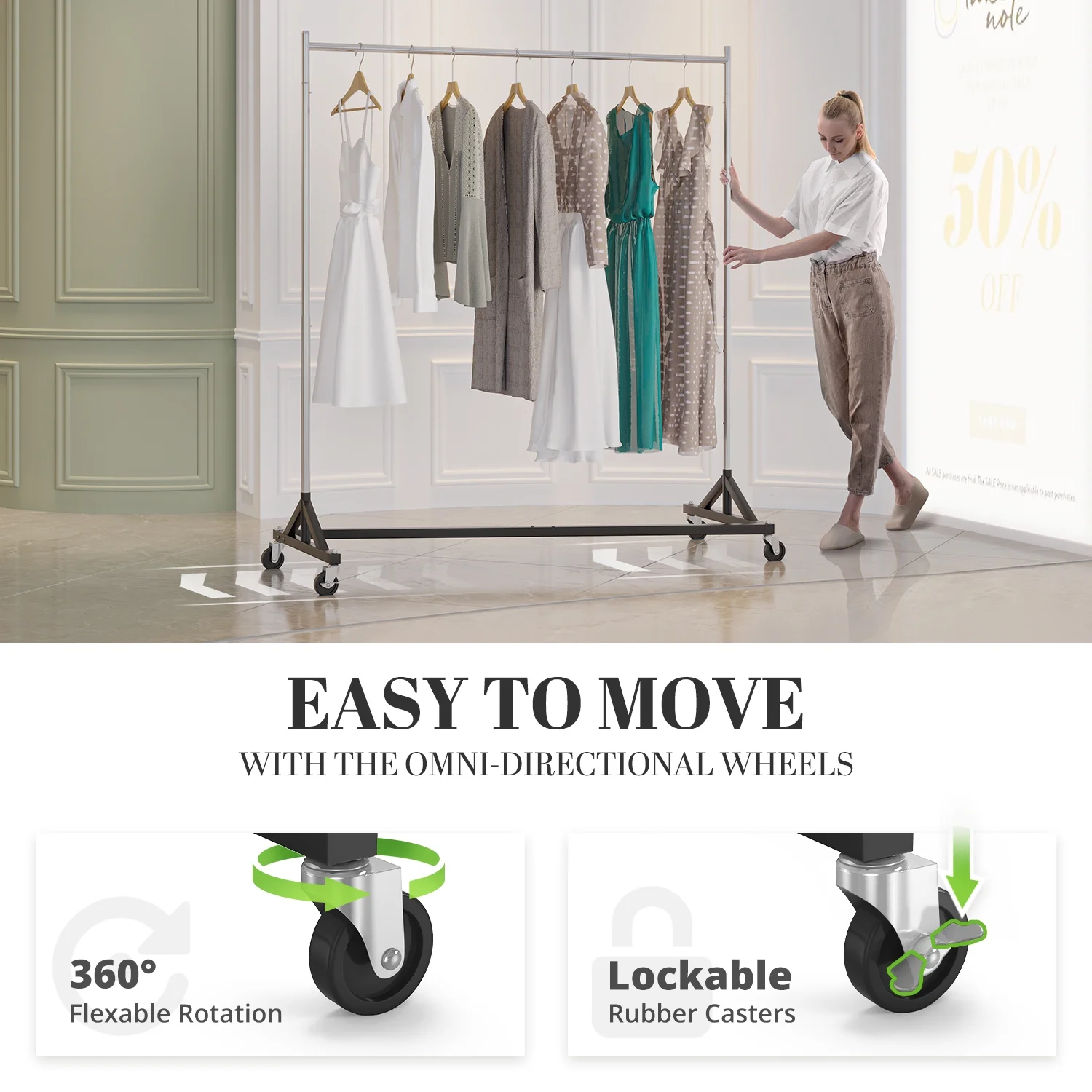 HOKEEPER 400LBS Commercial Z Base Garment Rack Heavy Duty Clothing Rack Height Adjustable Rolling Clothes Rack for Hanging Clothes Racks on Wheels Portable Z Rack Chrome Finish - Image 8