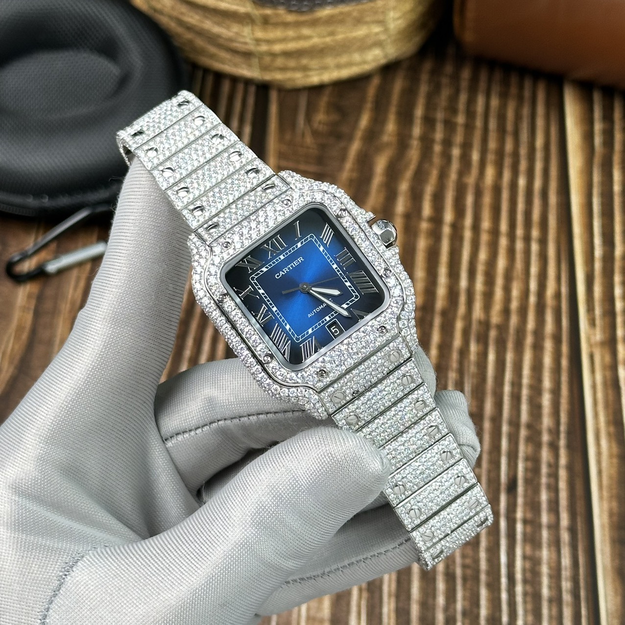 Cartier Replica Watch Santos Full Diamond Moissanite Blue Dial 39.8mm - Top club