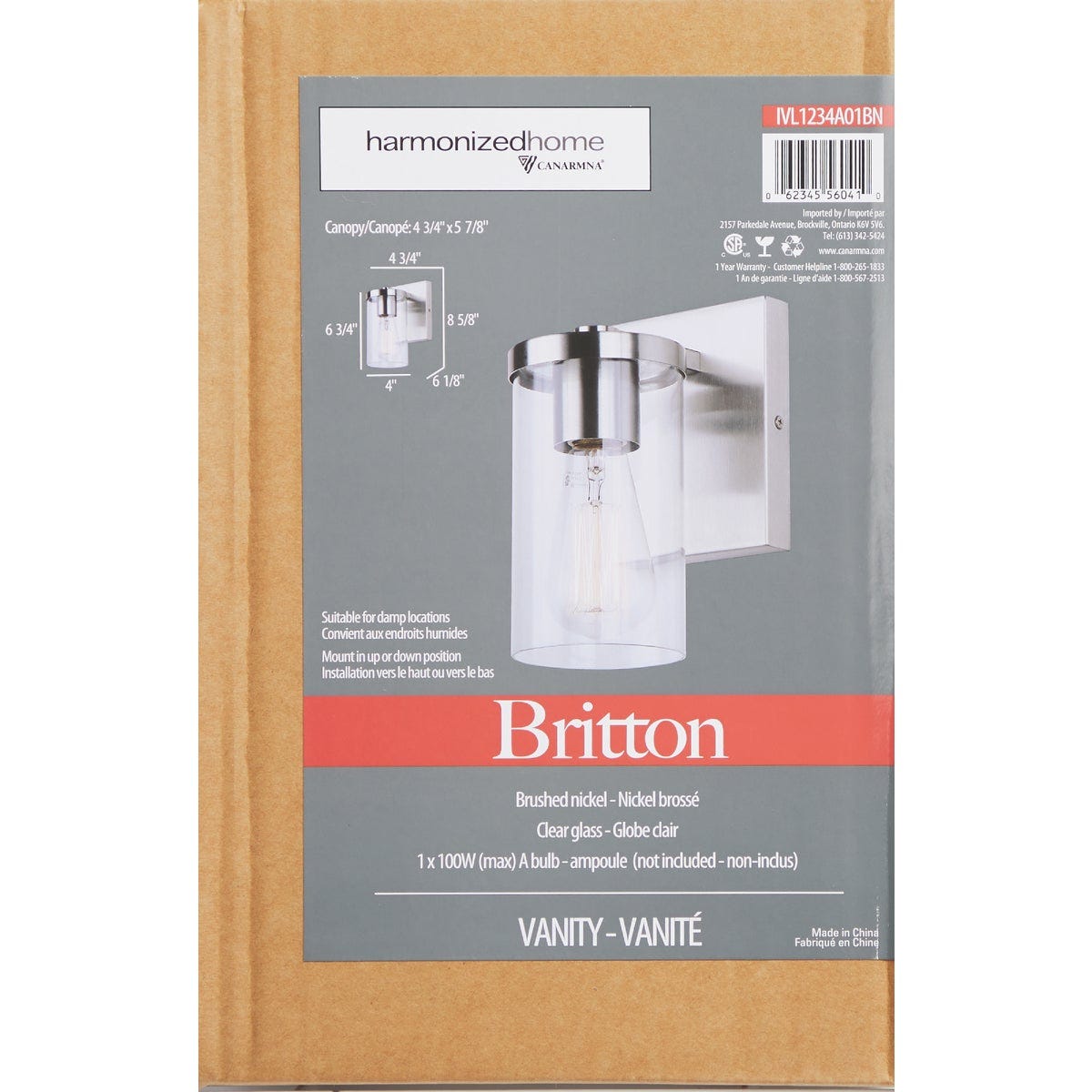 Canarm Britton 1-Light Brushed Nickel Vanity Bath Light Fixture, Clear Glass