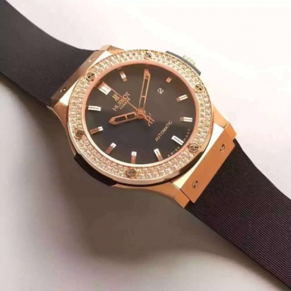Replica Hublot Big Bang Classic Fusion RG Black Dial Diamonds Bezel Rubber Strap A2824 - Elite Watch Atelier