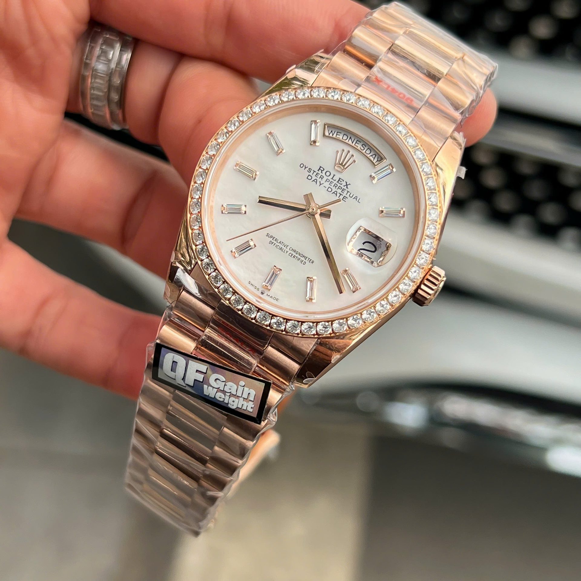 Rolex Day-Date Dial MOP Replica Watch Weight 158 ??Grams Bezel Moissanite Diamonds QF Factory 36mm - Top club
