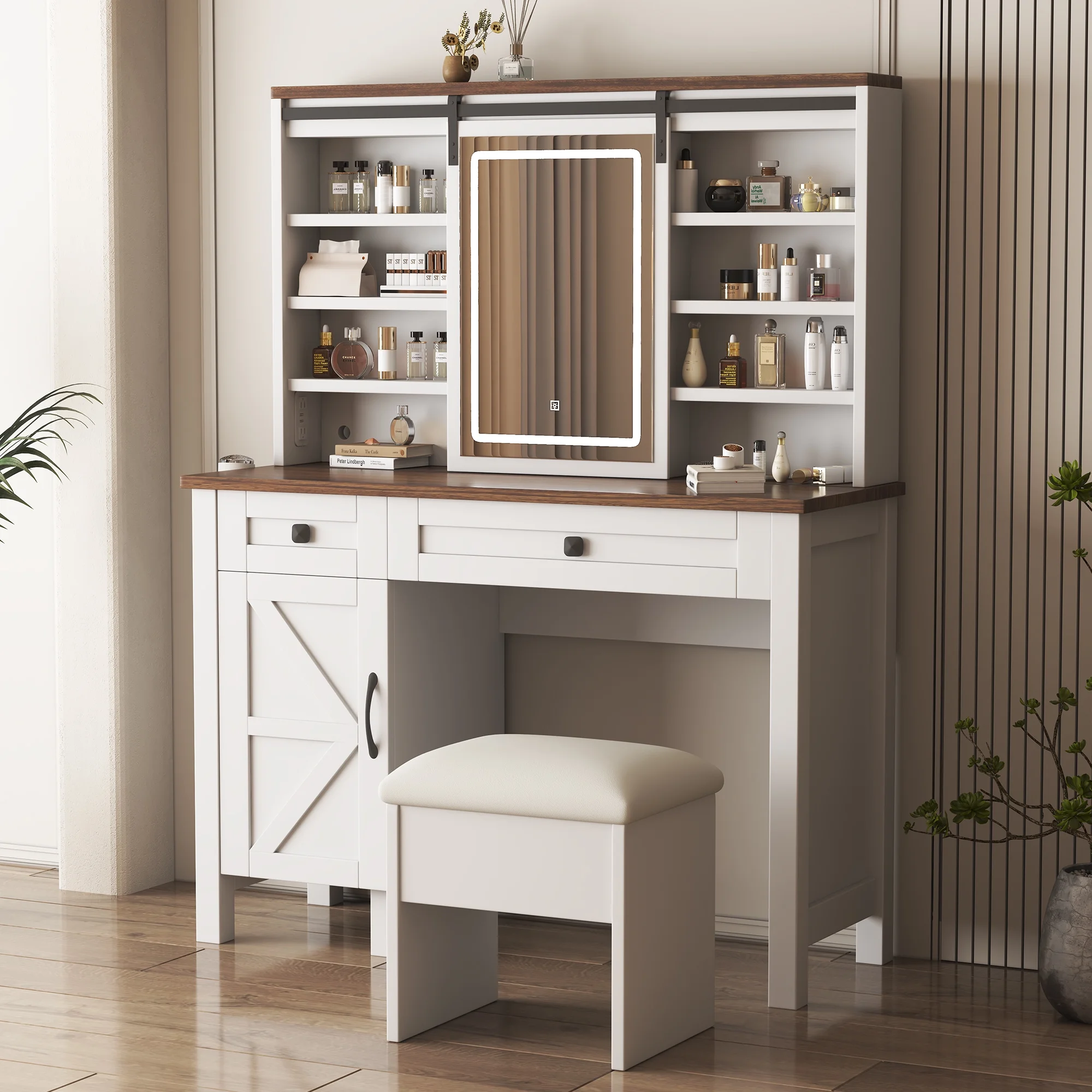 Montary Modern Mini Vanity w/Adjustable LED Mirror + Hidden Storage, Padded Stool & Dustproof Shelves (White) - Image 87