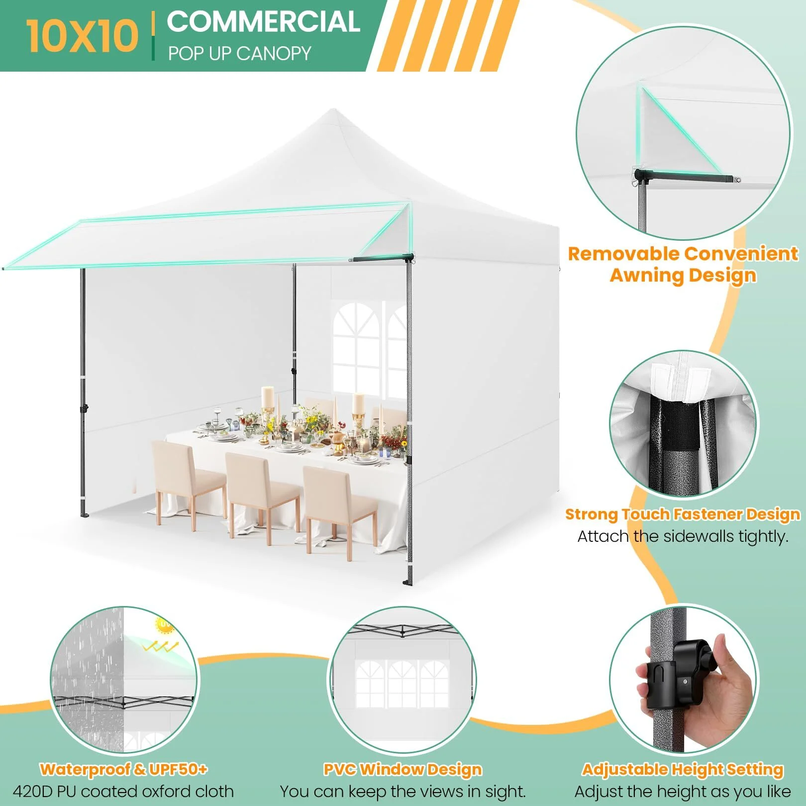 COBIZI 10x20 Pop Up Canopy Heavy Duty Party Tent with Removable Awning and Sidewalls,Easy Up Outdoor Wedding Canopy,Gazebo All Season Windproof&Waterproof with Roller Bag UPF 50+,Black - Image 16
