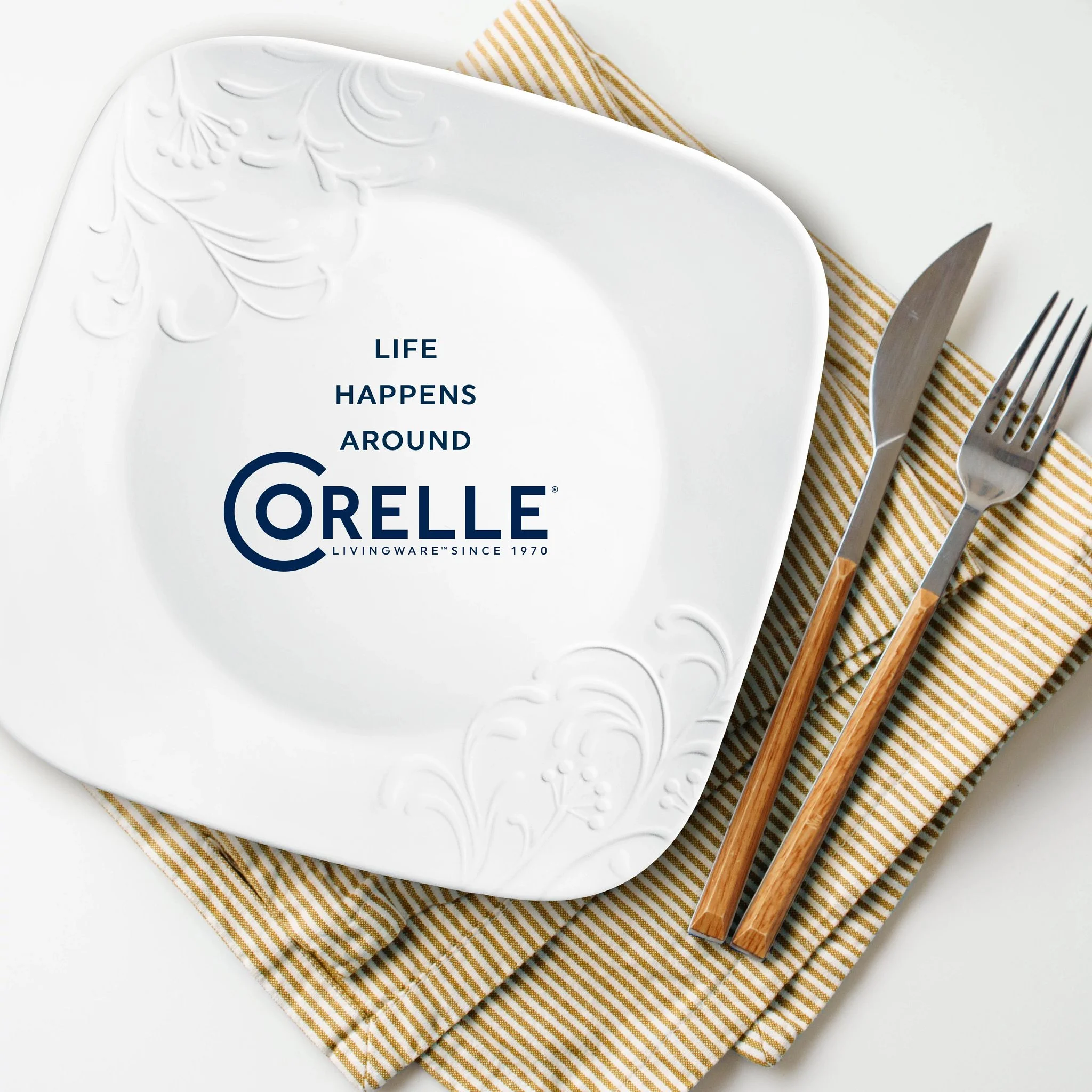 Corelle Cherish 16-Piece Embossed Square Glass Dinnerware Set (Service for 4) - Image 7