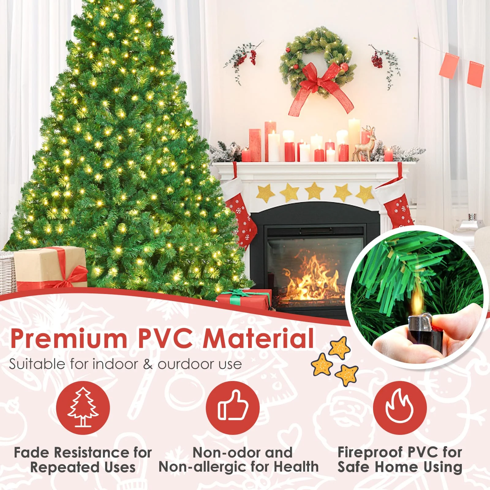 Vebreda 6FT Pre-Lit Artificial Christmas Tree with 300 Warm White LED Lights, Hinged Branch Design, Eco-Friendly PVC Needles & Foldable Metal Stand for Home, Office & Holiday D��cor - Image 7