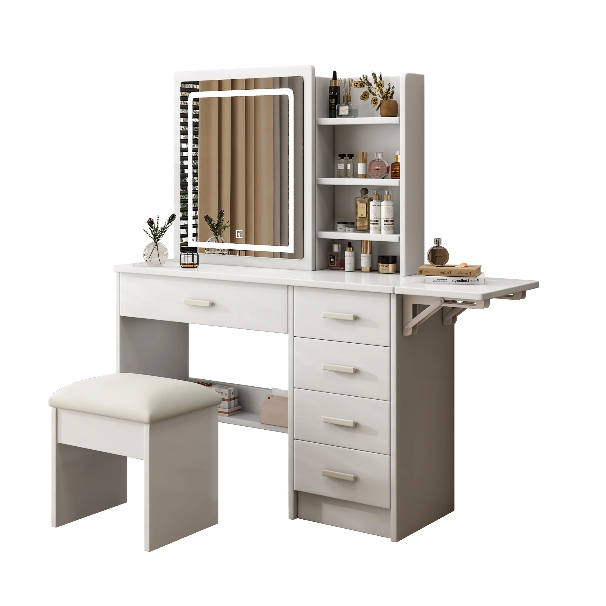Montary Modern Mini Vanity w/Adjustable LED Mirror + Hidden Storage, Padded Stool & Dustproof Shelves (White) - Image 63