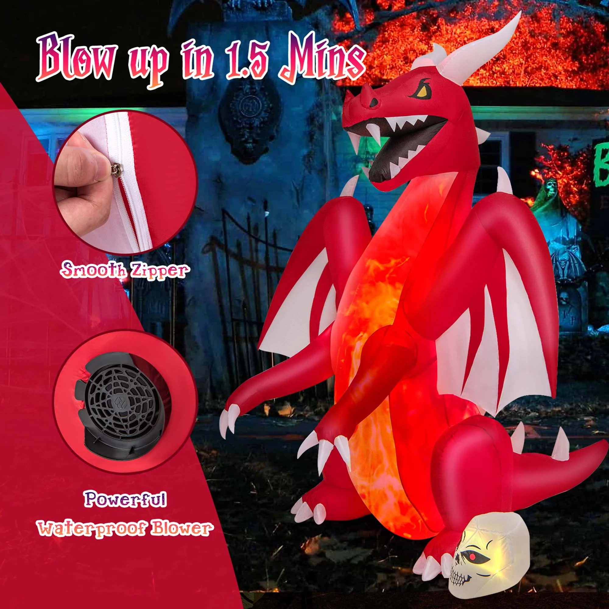 Costway 8 FT Halloween Inflatable Red Dragon with Wings & Skull Holiday Decoration Light - Image 8 Costway 8 FT Halloween Inflatable Red Dragon with Wings & Skull Holiday Decoration Light - Image 8