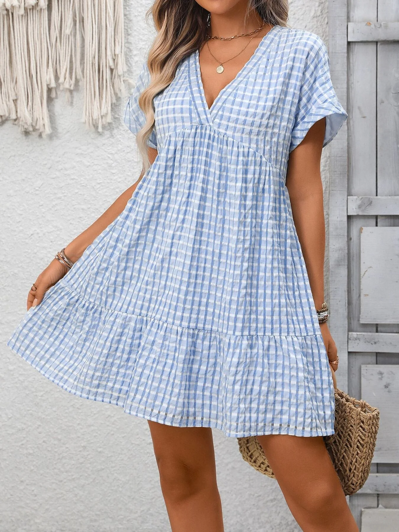 Plaid V-Neck Ruffle Hem Mini Dress - ZKZOOK