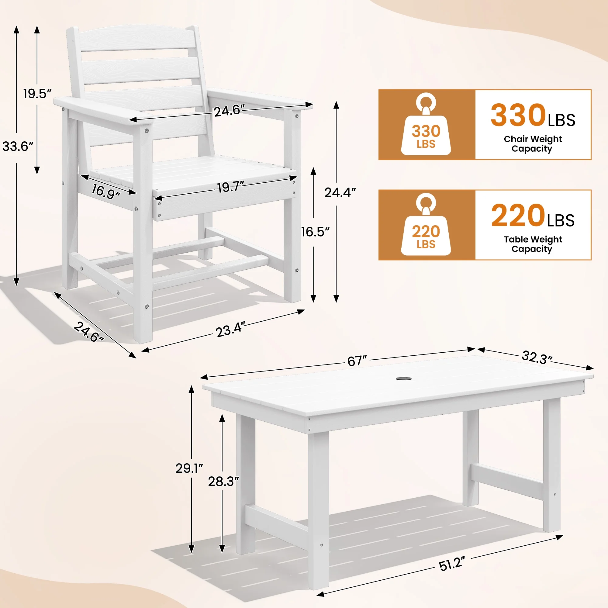 KINGYES 7-Piece Outdoor Dining Set, HDPE Patio Table and Chairs with Umbrella Hole, Gray - Image 65