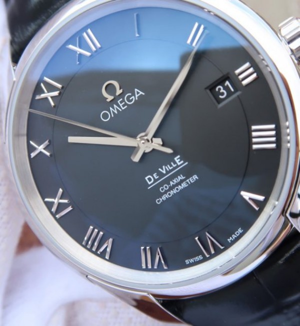 Replica Omega V6 De Ville 41mm SS Black Dial Black Leather Strap A8500 - Top club