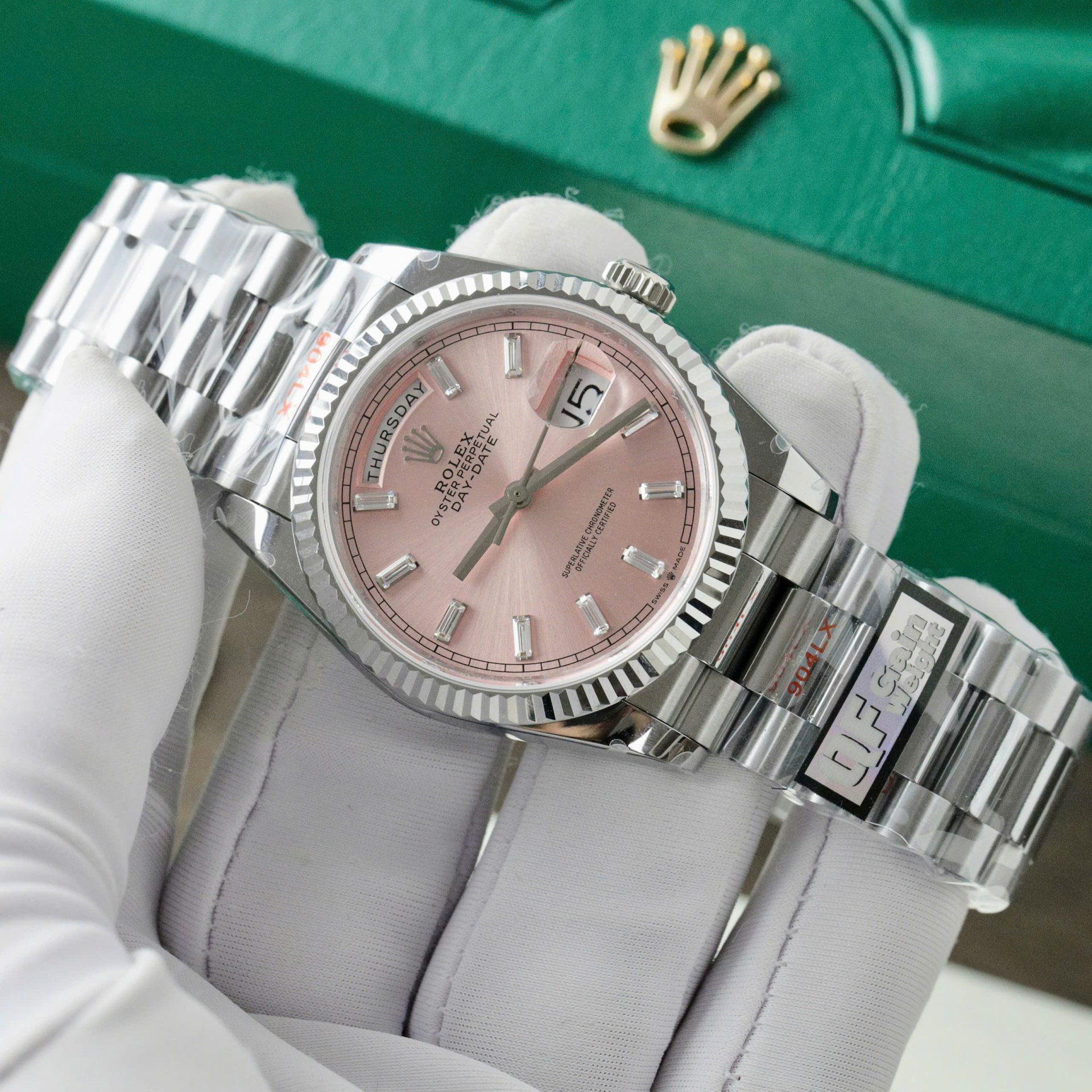 Rolex Day-Date 128236 Pink Dial Replica Watch Weight 158 Grams QF Factory 36mm - Elite Watch Atelier