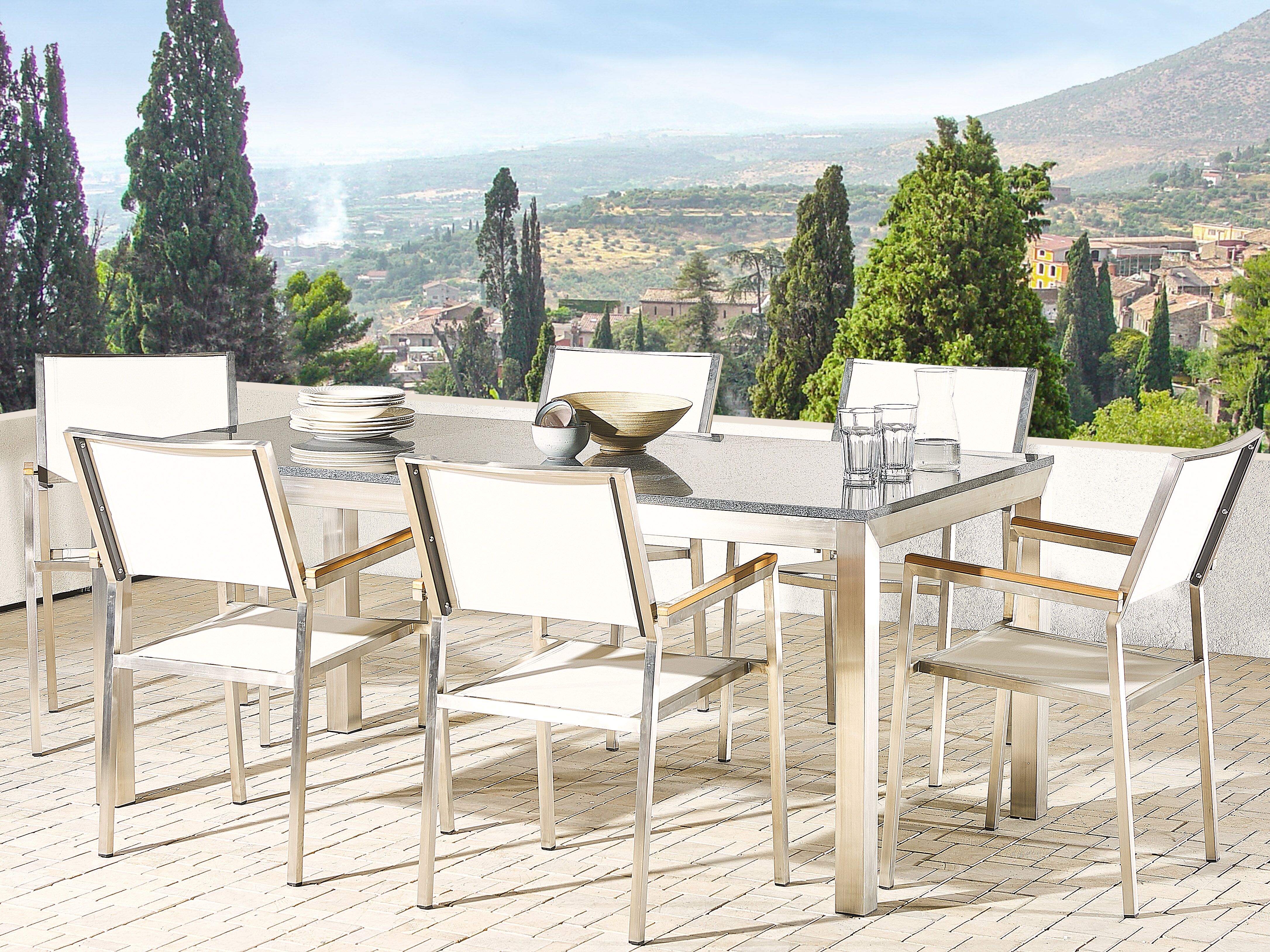 Garden Dining Set 6 Seater GROSSETO Granite Polished Grey/ White