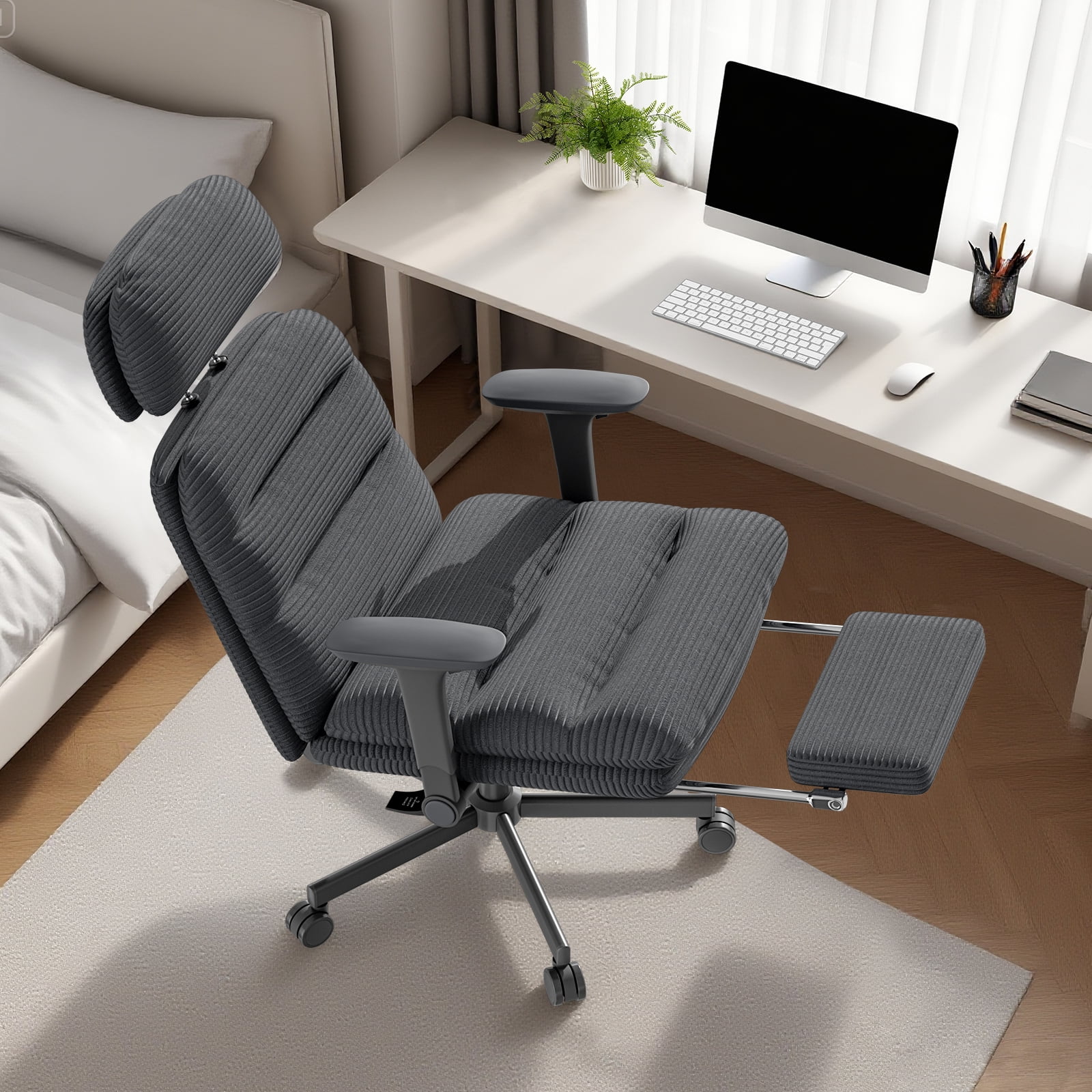 HomeZeer Ergonomic Cross-Legged Office Chair with Footrest & Headrest, Heavy Duty Executive Desk Chair with Flip-up Armrests, Corduroy Fabric Computer Criss Cross Chair for Home Office, Black - Image 7