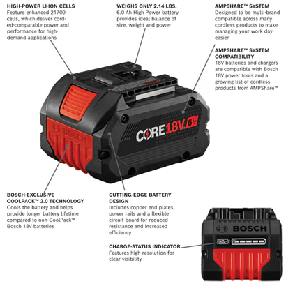 BOSCH GBA18V60 18V CORE18V® Lithium-Ion 6 Ah High Power Battery