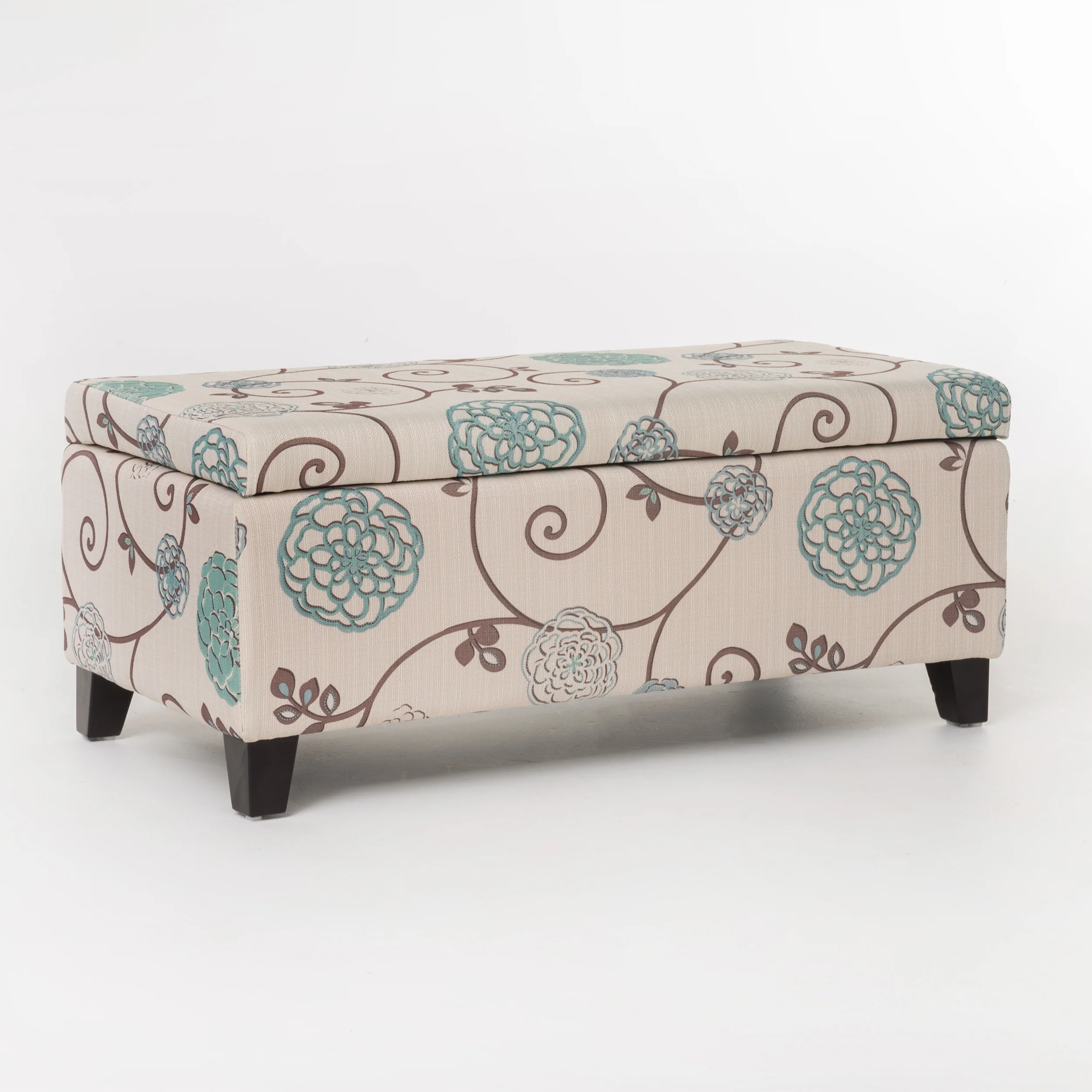 Noble House Hampton Contemporary Fabric Upholstered Storage Ottoman, White and Blue Floral - Image 4