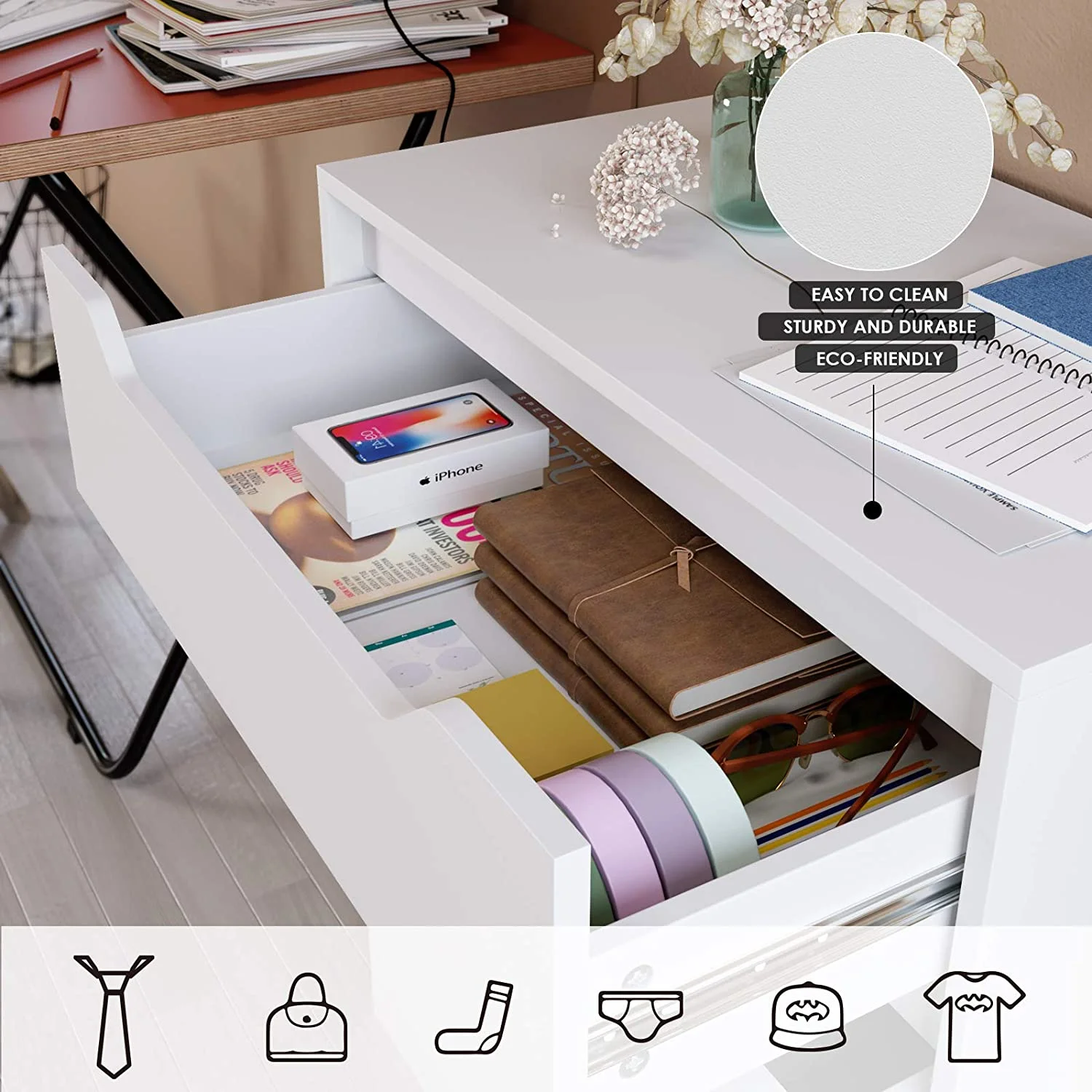 Homfa 4 Large Drawers Dresser, Modern Wood Chest of Drawers for Bedroom Hallway Living Room, White - Image 6