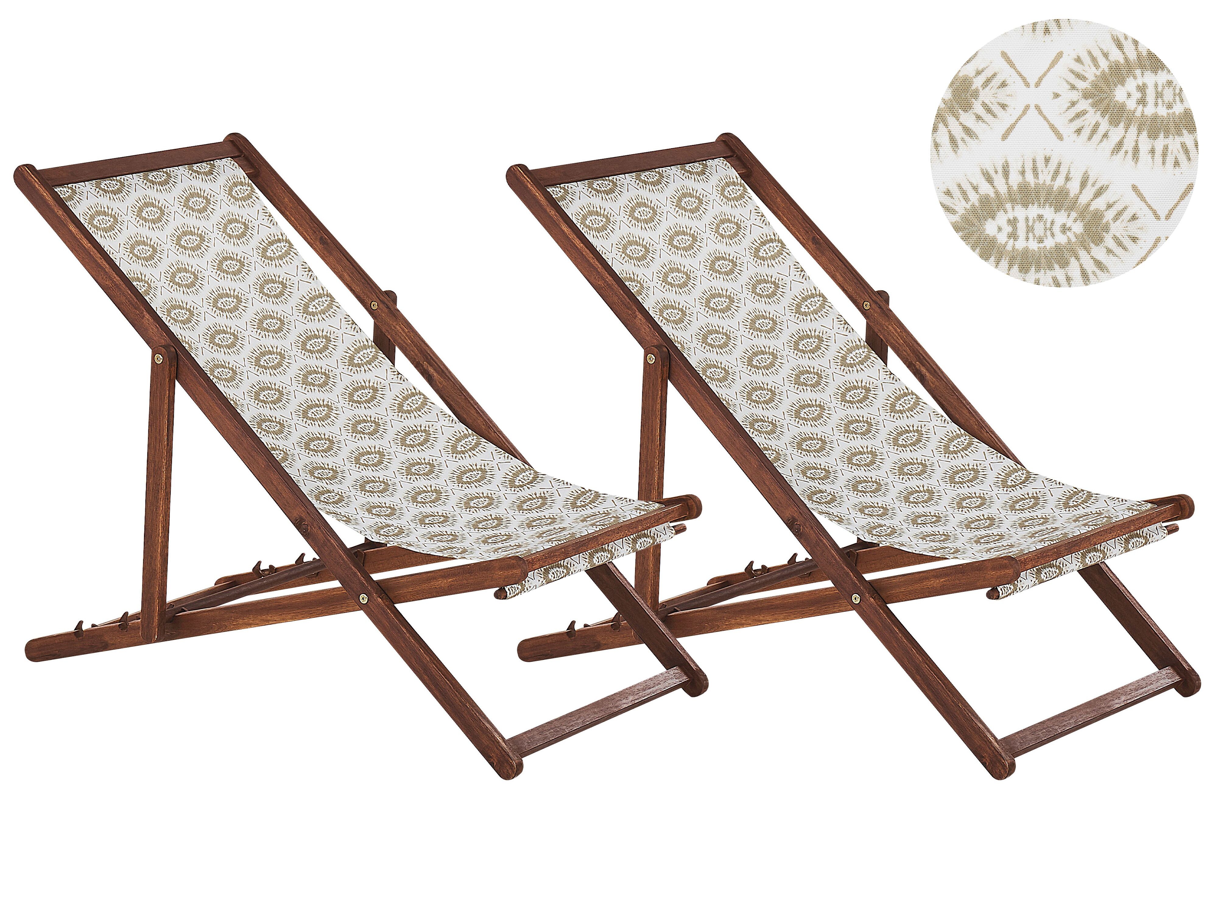Set of 2 Folding Deck Chairs ANZIO with Replacement Fabrics Abstract Motif Acacia Wood Dark Brown