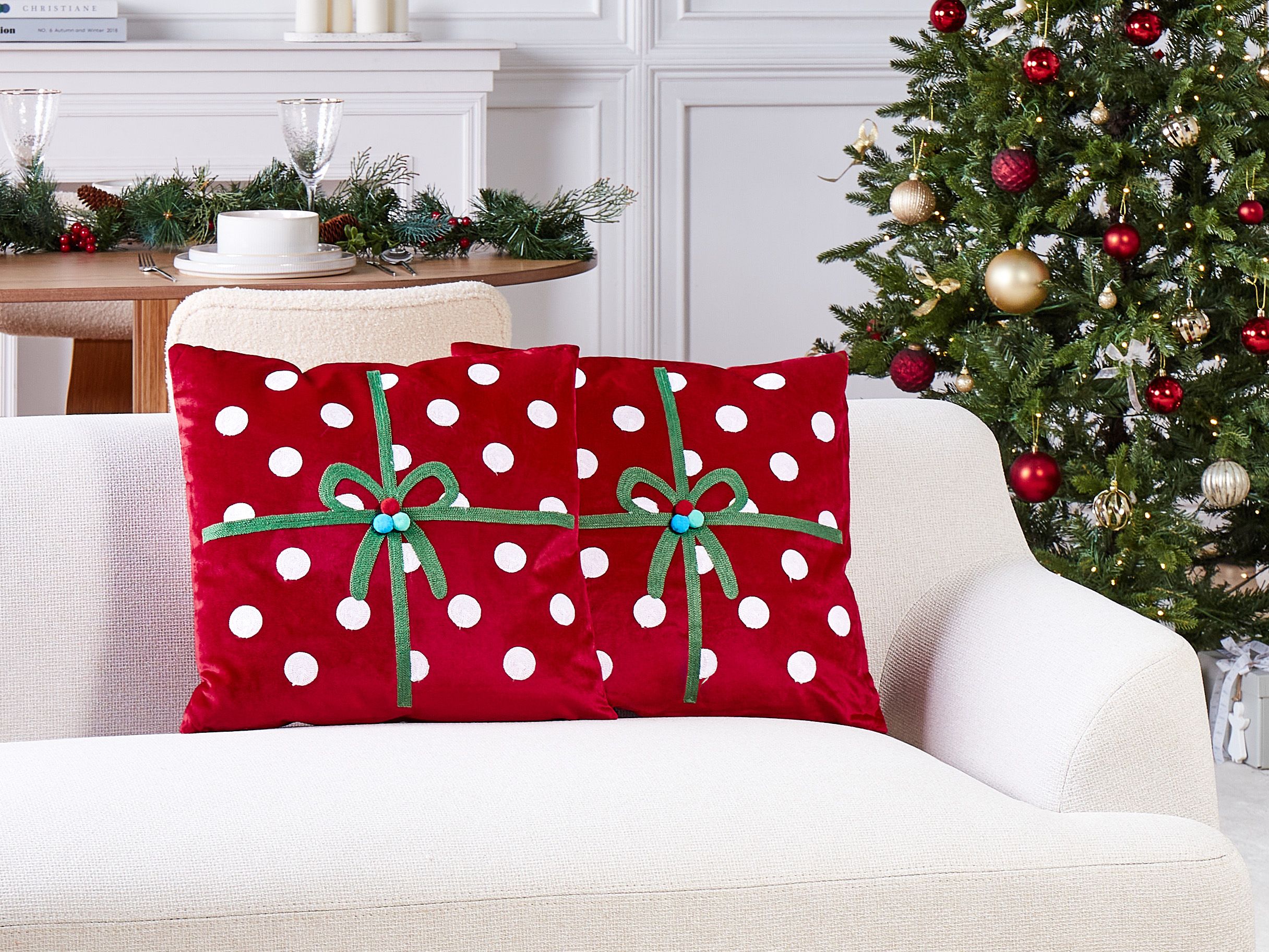 Set of 2 Decorative Cushions GUMDROP Velvet 45 x 45 cm Red Christmas Motif