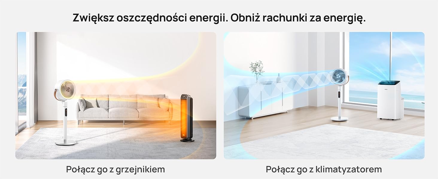 Porównanie energooszczędności: lewy obraz pokazuje pokój z grzejnikiem, prawy pokazuje to samo pomieszczenie z klimatyzatorem. Tekst w języku polskim omawia efektywność energetyczną.