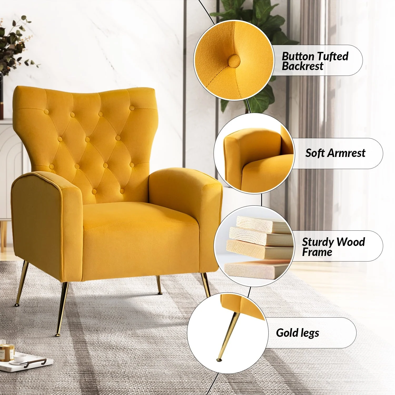 14 Karat Home Fall Home Decor Velvet Accent Chair Button Tufted Metal Legs Adult Living Room Mustard - Image 5