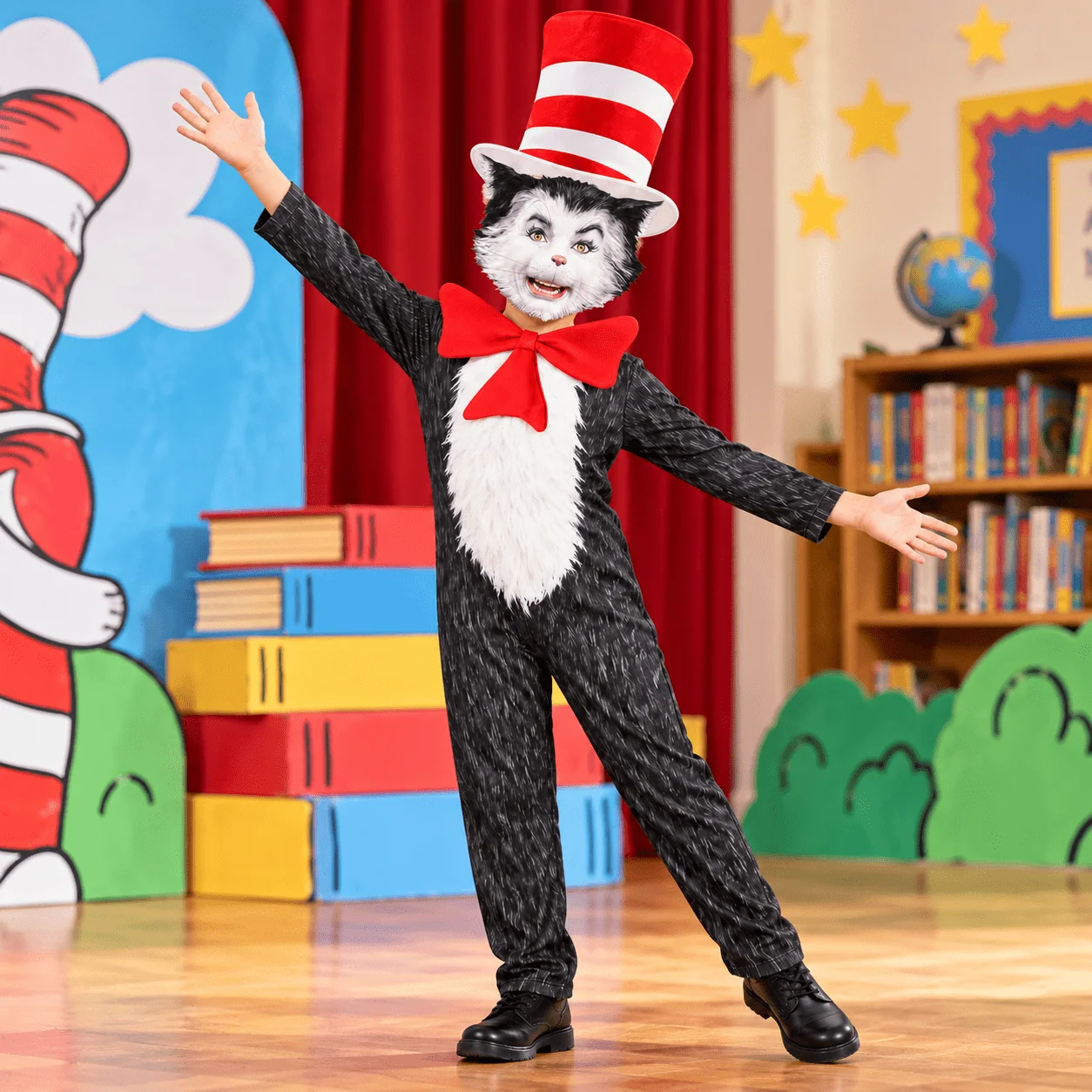 4-Piece Cat Halloween Cosplay Costume for Kids, Scary Cat Jumpsuit Set with Mask, Striped Hat & Bow Tie for Boys & Girls, Ages 11-12 - Image 11 4-Piece Cat Halloween Cosplay Costume for Kids, Scary Cat Jumpsuit Set with Mask, Striped Hat & Bow Tie for Boys & Girls, Ages 11-12 - Image 11