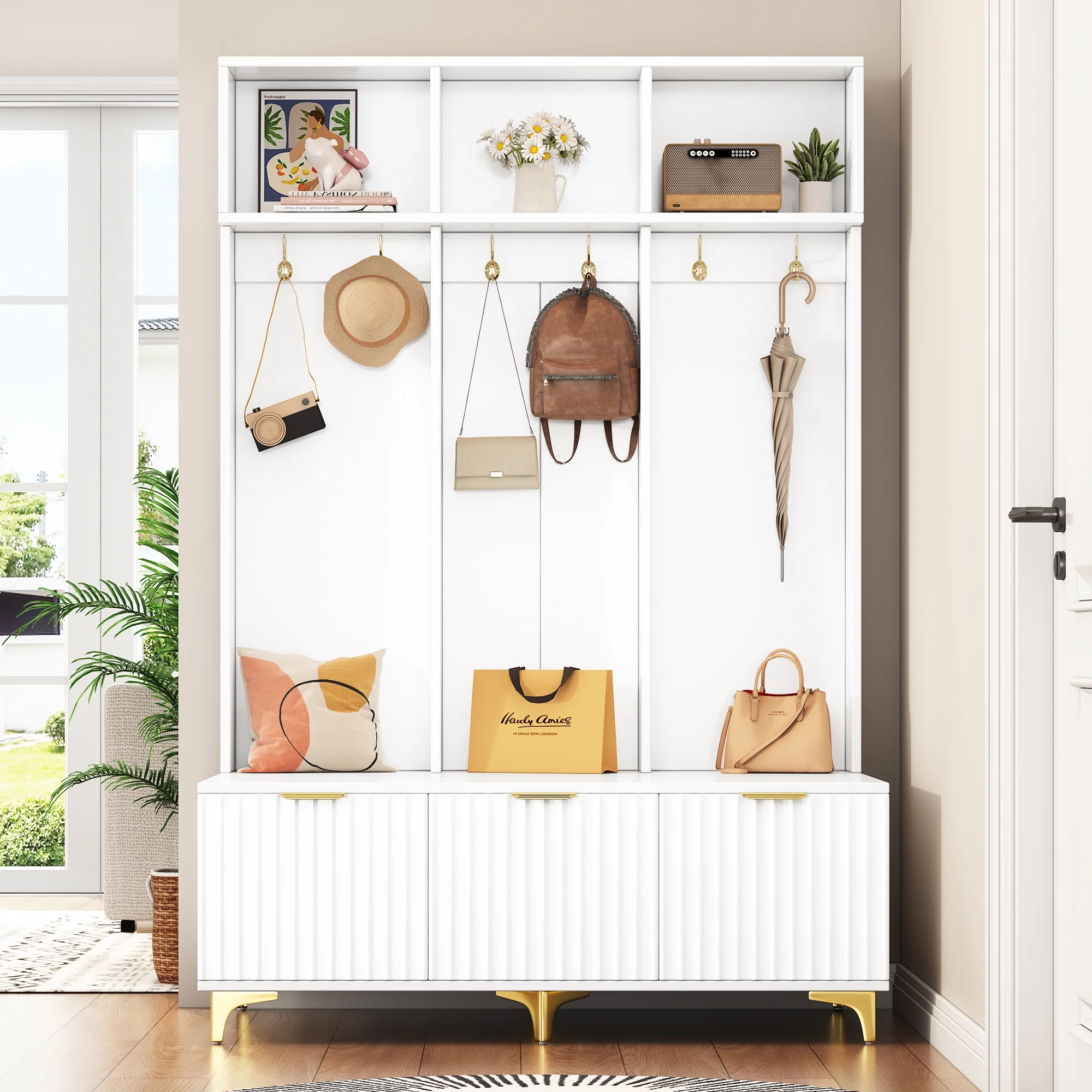 Euroco Modern Hall Tree with High Gloss Fluted Doors, Gold Accents, Shoe Storage & Bench a?? Entryway Organizer with Cubbies and Coat Hooks - Image 11
