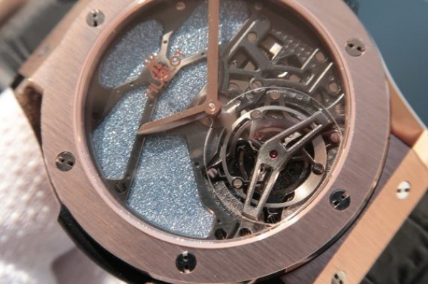 Replica Hublot Classic Fusion Tourbillon RG 45mm TF Skeleton Purple Dial Black Gummy Strap A23J - Elite Watch Atelier