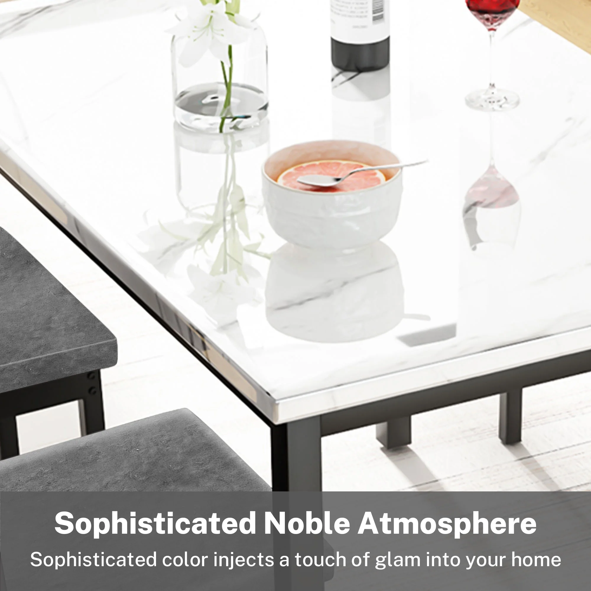 5 Piece Dining Set, Modern Dining Table and Chairs Set for 4, Counter Height Bar Table Set, Modern Pub Table with 4 Velvet Fabric Cushioned Stools, Faux Marble Dining Table & Stools Set, D9297 - Image 4