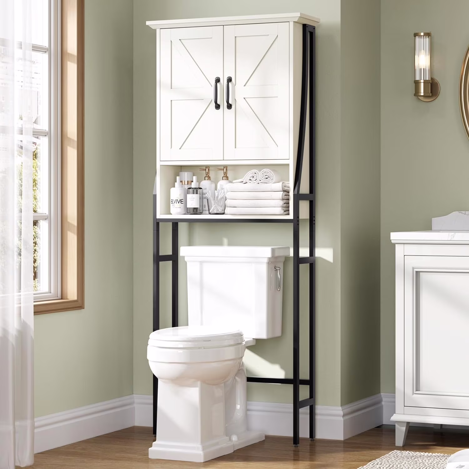 Over The Toilet Storage Cabinet, Over Toilet Bathroom Organizer, Above Toilet Storage Cabinet with Barn Doors Behind Toilet Bathroom Organizer Over-The-Toilet Cabinet (Cream White)
