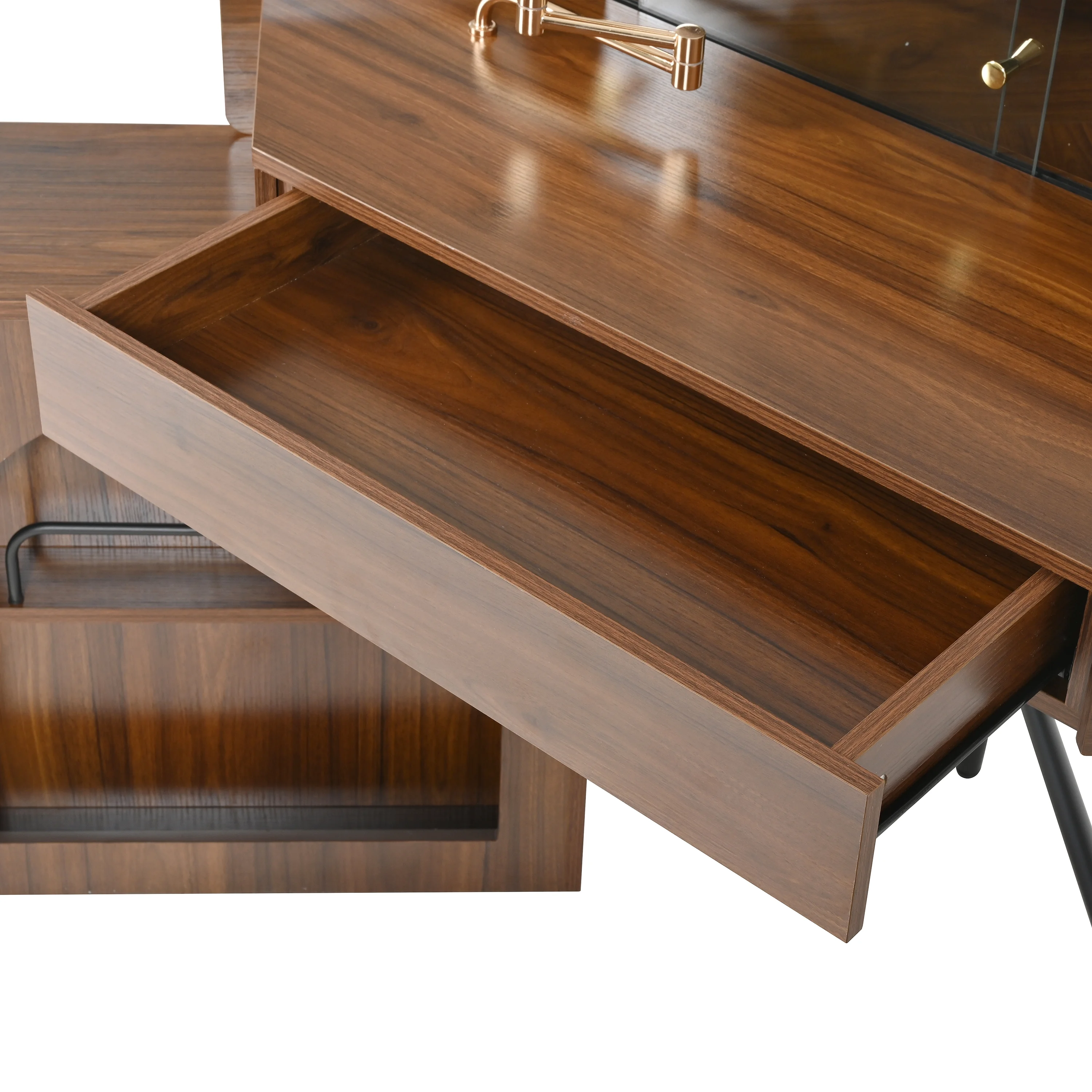 MODERNLUXE Corner Makeup Vanity Desk with Folding Mirror and Lights,Modern Vanity Set with 1 Stool,2 Drawers and 3 Shelves for Bedroom,Women, and Girls,Walnut - Image 5