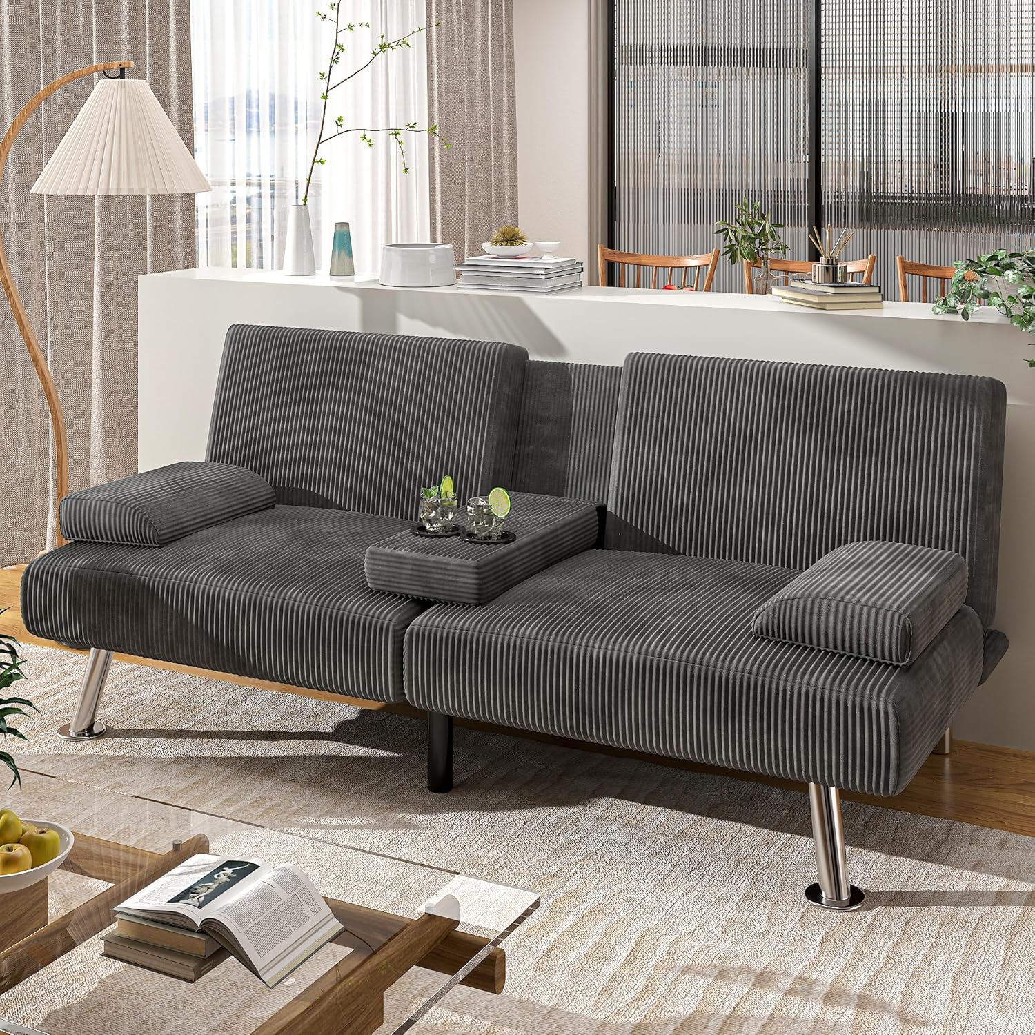 Shahoo Modern Upholstered Convertible Folding Futon Sofa Bed with Removable Armrests, Metal Legs, 2 Cup Holders for Living Room, Grey