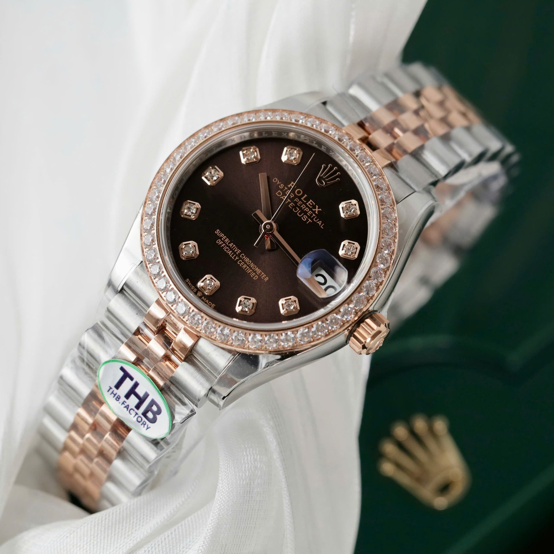 Rolex DateJust High End Watch Replicas Chocolate Dial Bezel Diamonds CZ THB Factory 31mm - Elite Watch Atelier