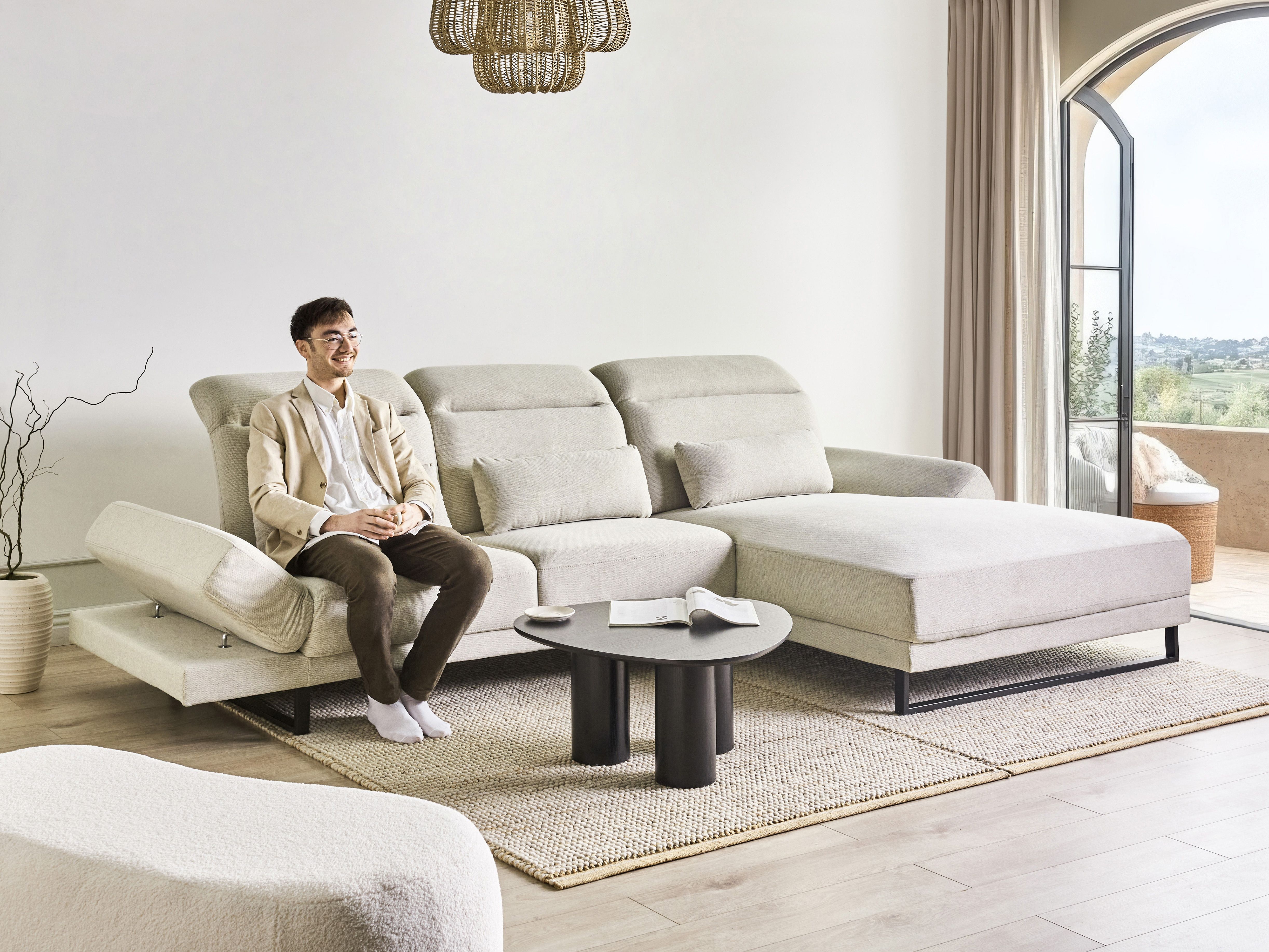 Corner Sofa 4 Seater IKAST Fabric Light Beige Left Hand