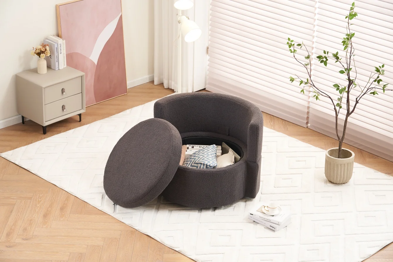 Swivel Barrel Chair, Teddy Round Swivel Accent Sofa Chairs with 3 Pillows and Storage, Modern 360 Degree Boucle Swivel Chairs for Living Room, Bedroom, Office (Dark Gray, Teddy)