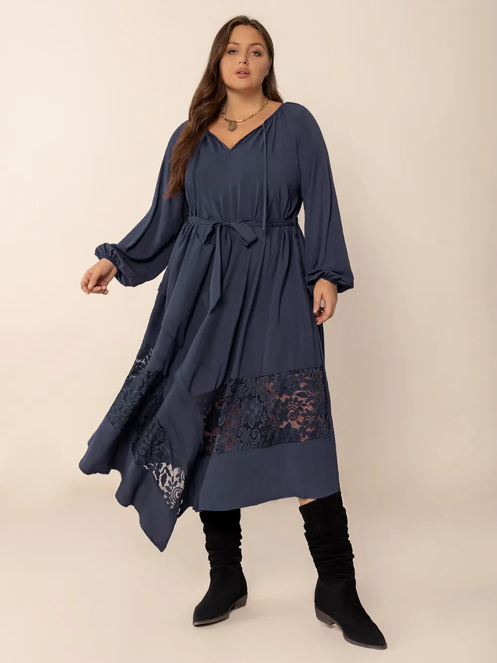 Plus Size Lace Detail Tie Neck Long Sleeve Midi Dress - ZKZOOK