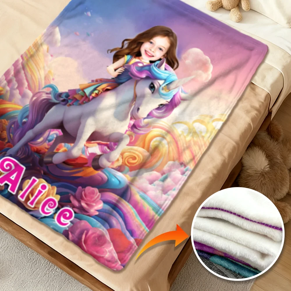 Custom unicorn blanket for kids featuring uploaded photo face and name Alice