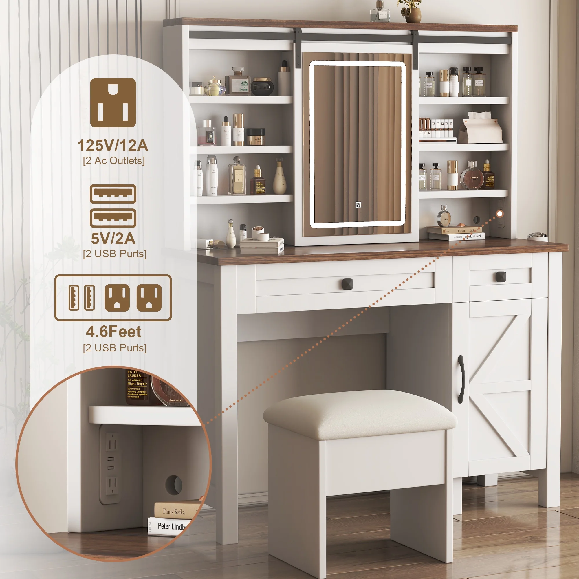 Montary Modern Mini Vanity w/Adjustable LED Mirror + Hidden Storage, Padded Stool & Dustproof Shelves (White) - Image 88