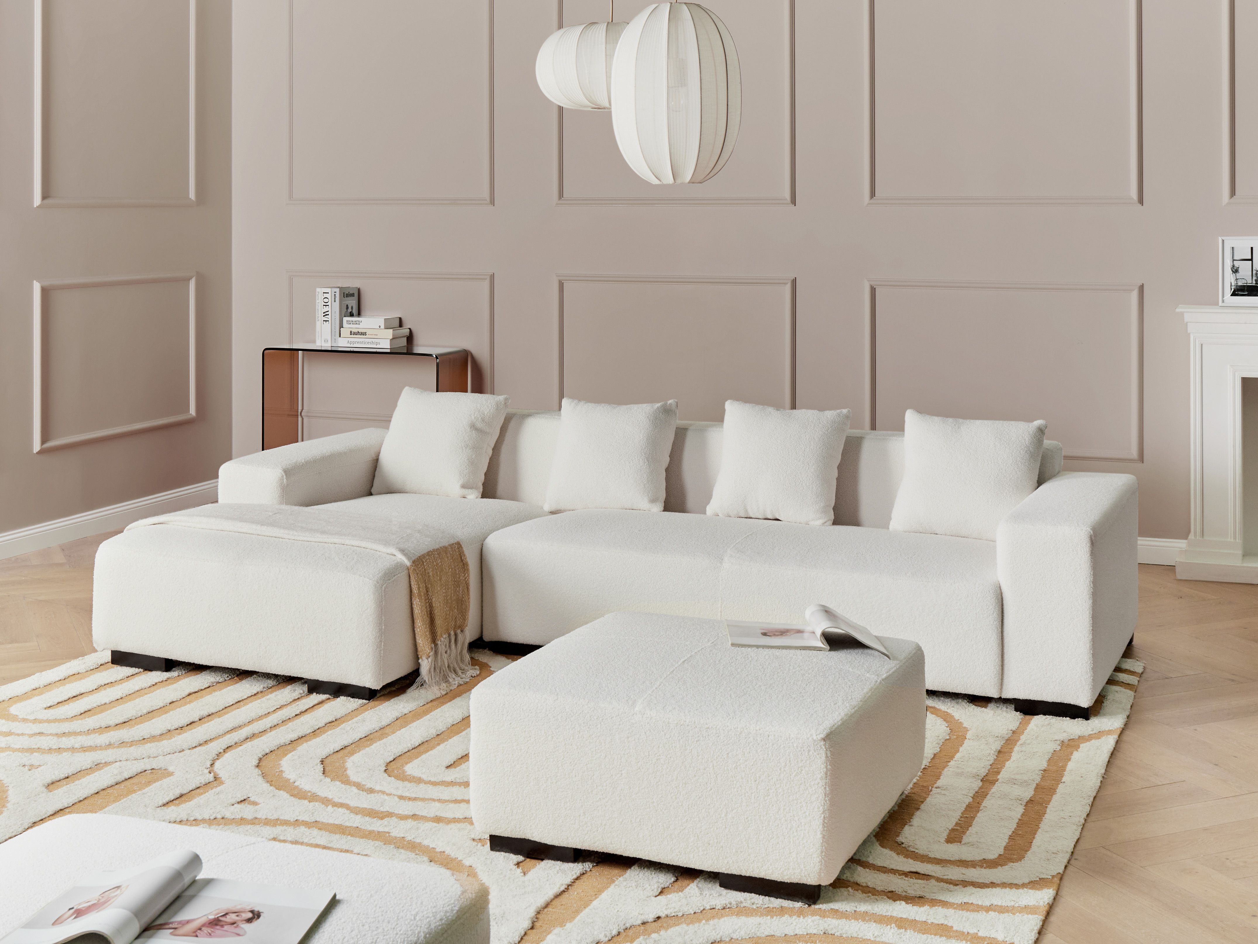 Corner Sofa 4 Seater LUNGO Boucle White with Ottoman Right Hand