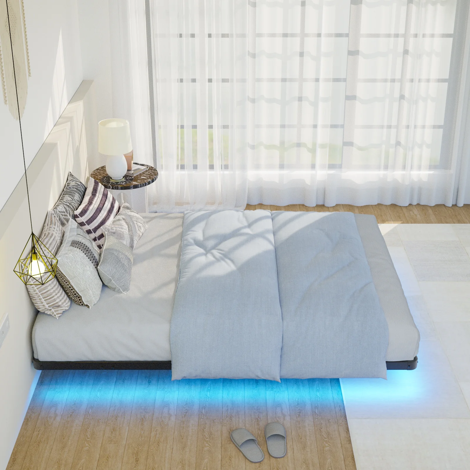Lusimo Floating Bed Frame with LED Lights Queen Size Metal Platform Bed Frame with 6.1" Under Bed Storage Space No Box Spring Needed, Black - Image 7