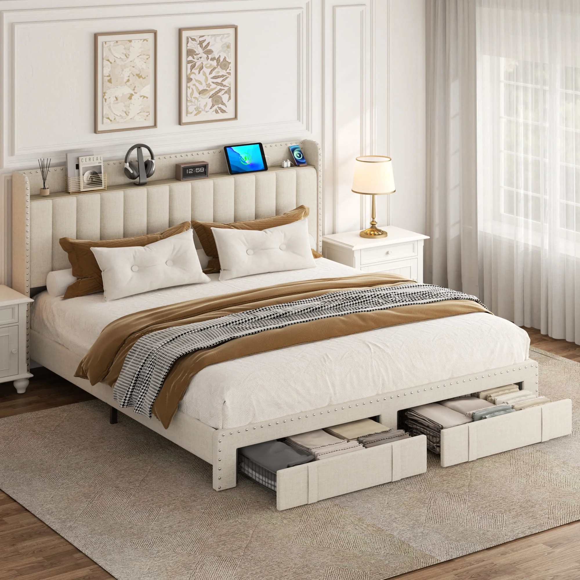 Lijimei Queen Bed Frame With Headboard And Storage, Platform Bed Frame Full Size With 2 Drawers, Upholstered Full Size Bed Frame With Storage, Built-in Charging Station, Beige