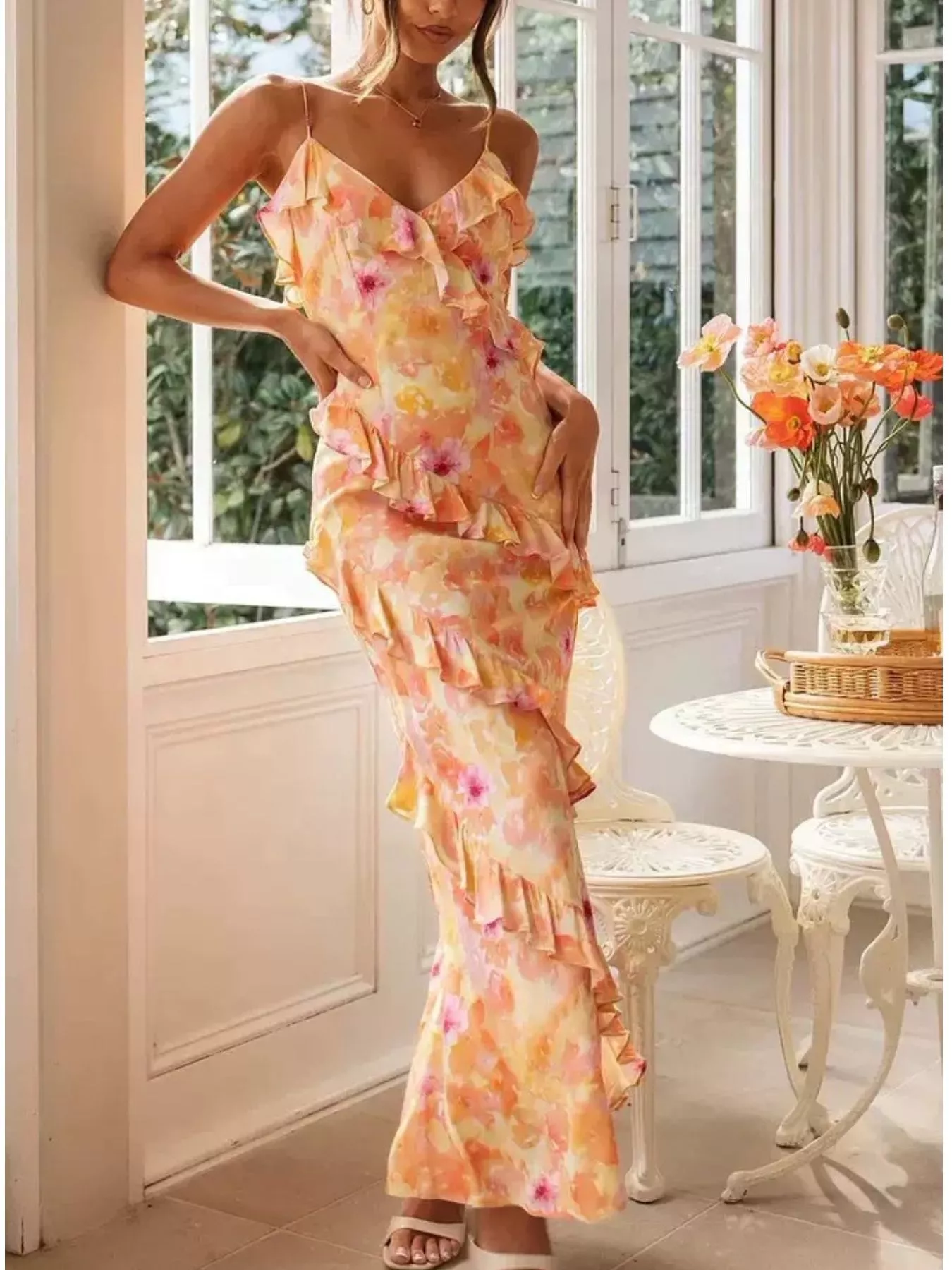 Floral Print Ruffle Trim Spaghetti Strap Maxi Dress - ZKZOOK