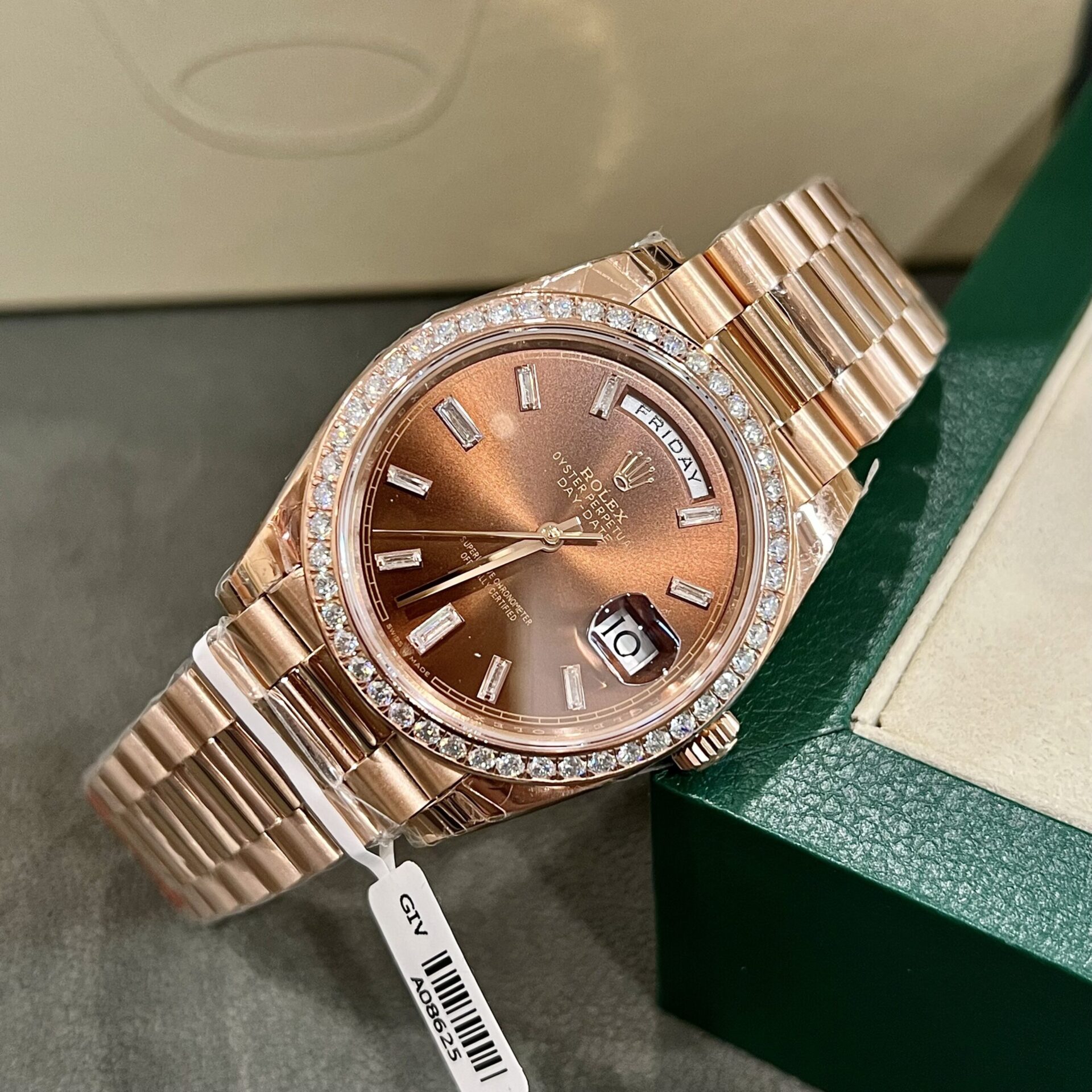 Rolex Fake Watch Day-Date Dial Chocolate Moissanite Diamonds Custom 40mm - Elite Watch Atelier