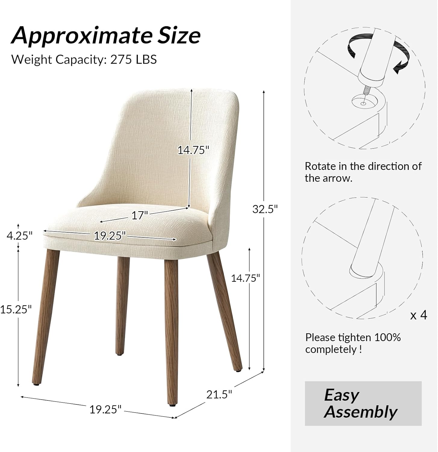 HULALA HOME Dining Chairs Set of 6, Ivory Fabric Upholstered Dining Room Chairs Set with Solid Wood Legs, Paded Back, Modern Kitchen Accent Chairs for Living Room Bedroom Reception
