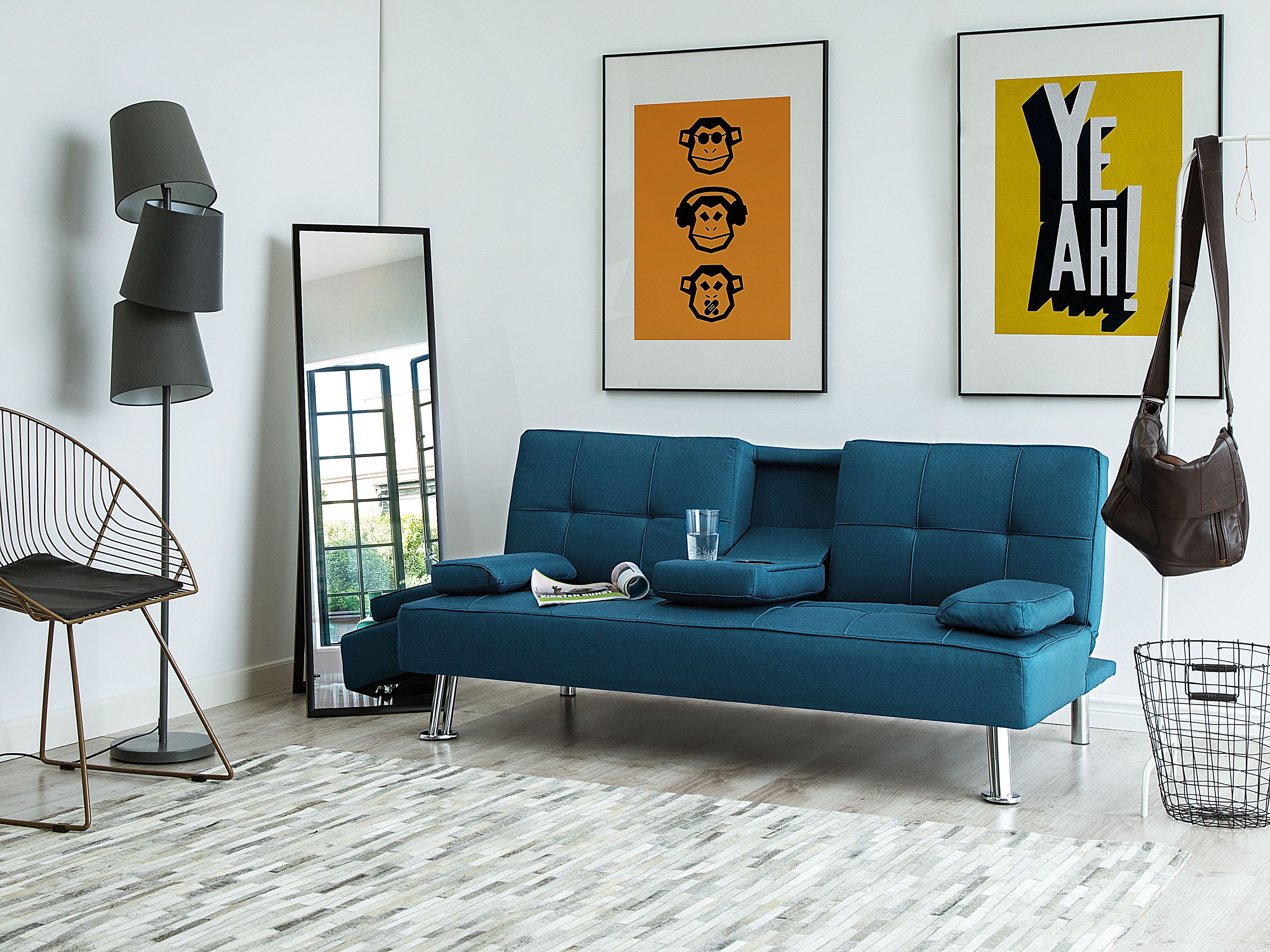 Sofa Bed 3 Seater ROXEN Fabric Blue
