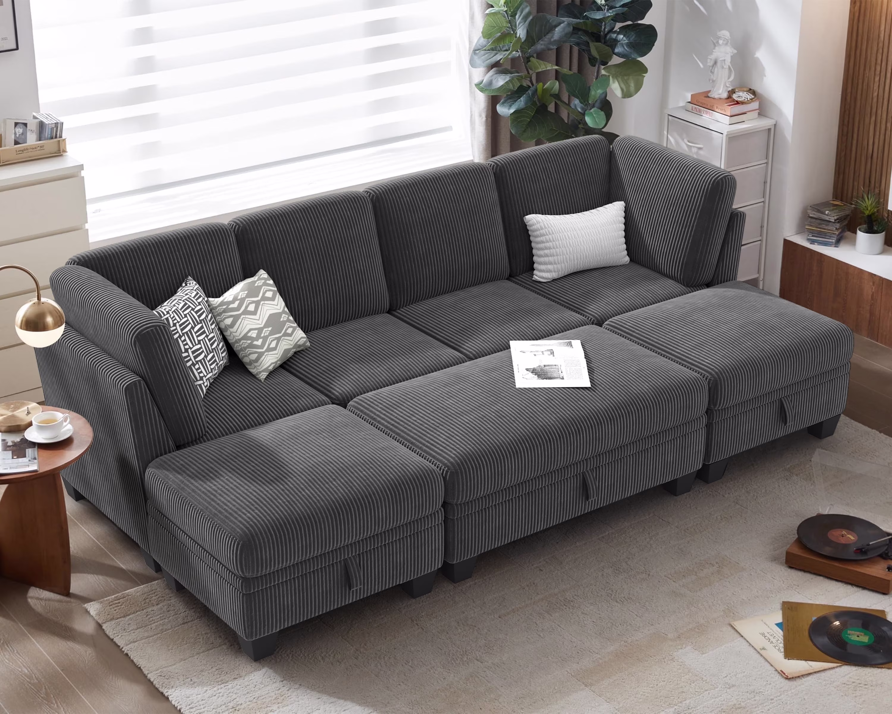 CHIC HOUSE 154.5" Sectional Sofa with Storage Ottoman Chaise, Corduroy U Shaped Sofa Convertible Sectional Couches for Living Room, 12 Seater Corner Modular Sofa with Deep Seat Throw Pillows, Green - Image 4