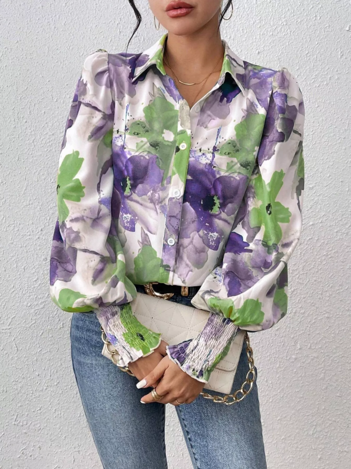 Printed Button Up Lantern Sleeve Shirt - ZKZOOK