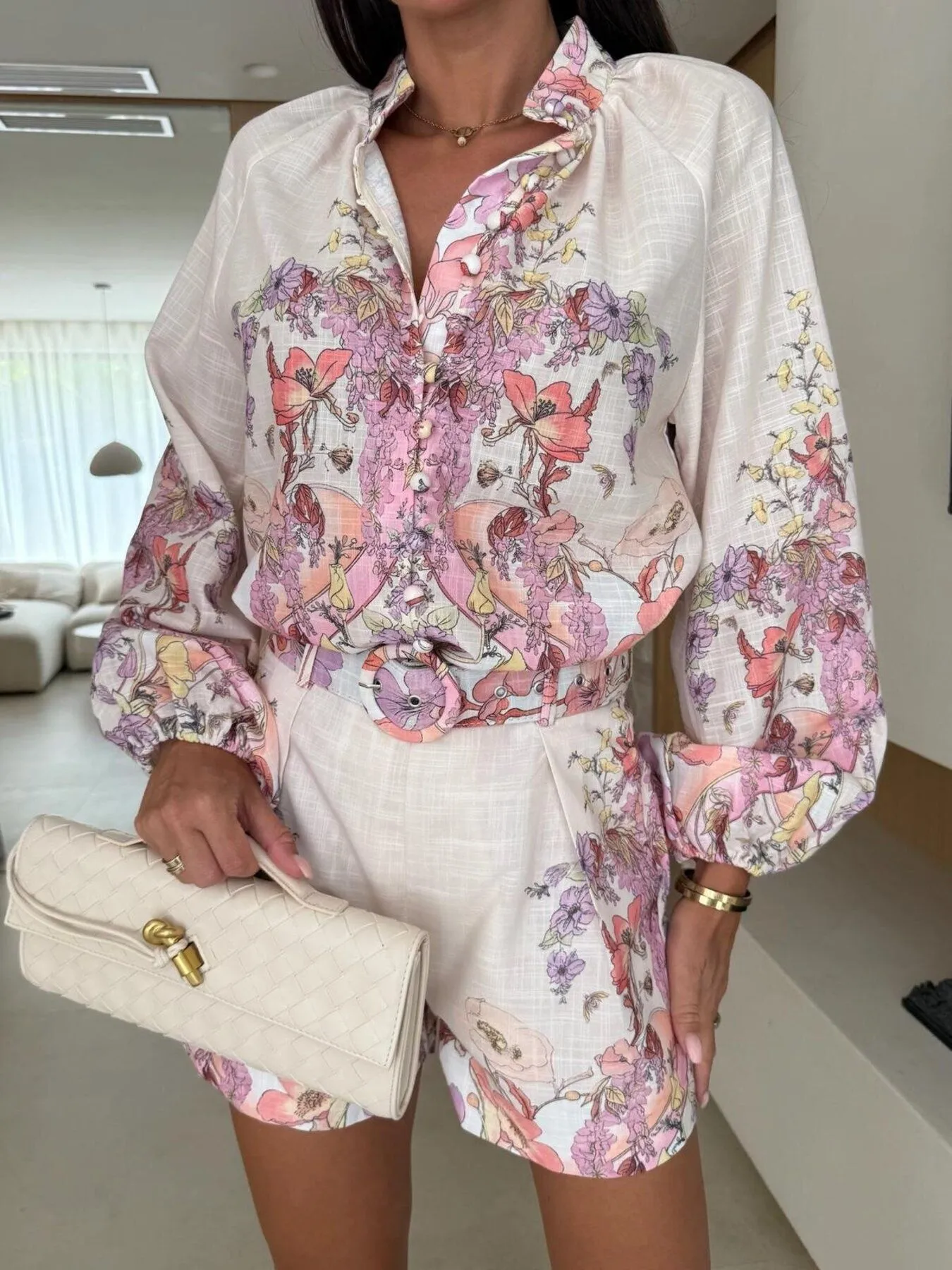 Printed Long Sleeve Shirt and Shorts Set - ZKZOOK