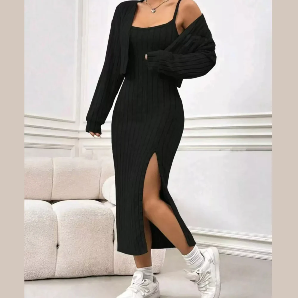 Ribbed Knit Cami Dress & Cardigan Set - ZKZOOK
