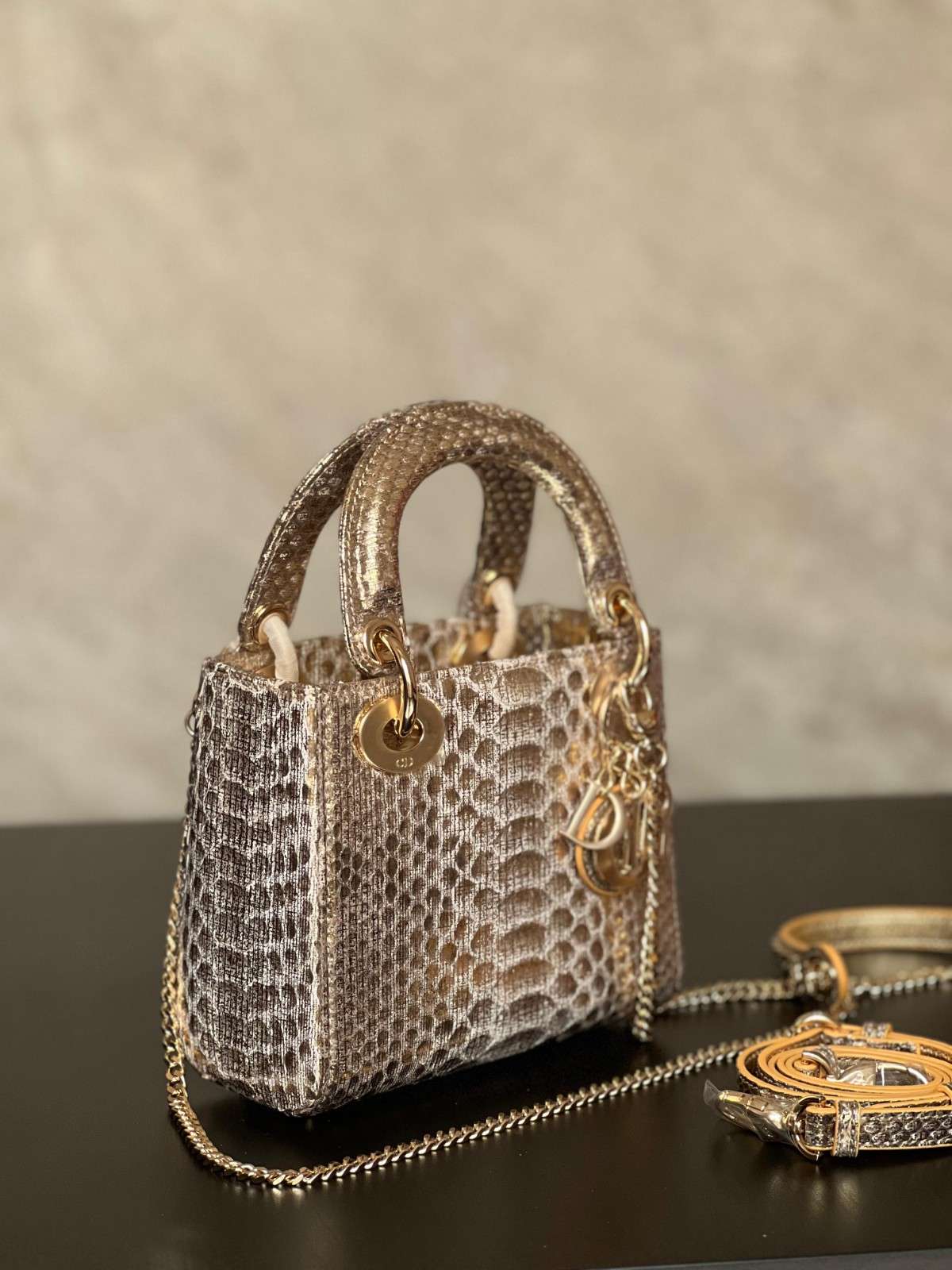 Christian Dior Gold Python Mini Lady Dior Tote