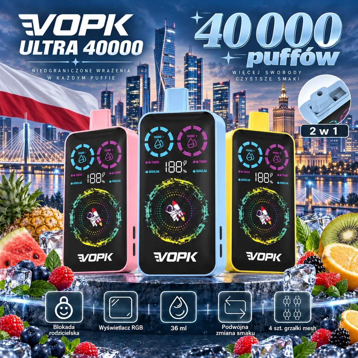 VOPK ULTRA 40 000 puffów – 2 w 1 z blokadą rodzicielską; 36 ml, wyświetlacz RGB, 4 grzałki mesh, 2% nikotyny